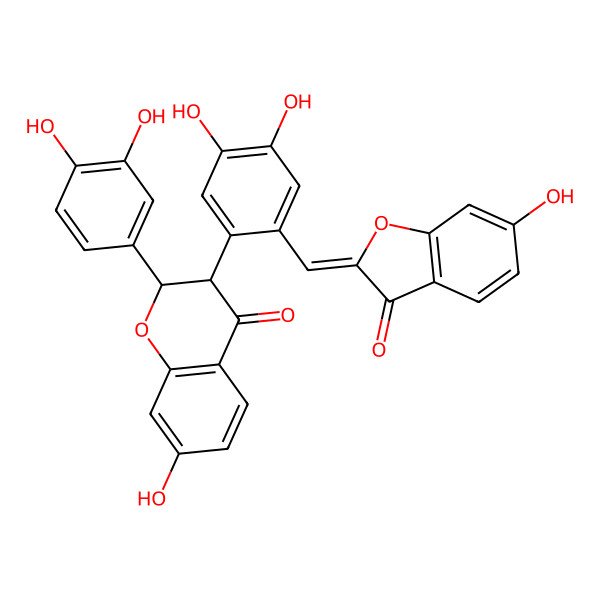 2D Structure of (2S,3R)-3-[4,5-dihydroxy-2-[(Z)-(6-hydroxy-3-oxo-1-benzofuran-2-ylidene)methyl]phenyl]-2-(3,4-dihydroxyphenyl)-7-hydroxy-2,3-dihydrochromen-4-one