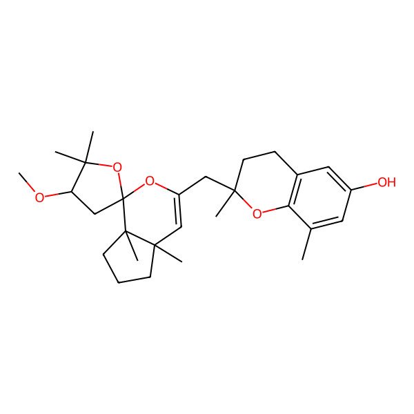 2D Structure of (2S)-2-[[(1R,3'R,4aR,7aR)-3'-methoxy-2',2',4a,7a-tetramethylspiro[6,7-dihydro-5H-cyclopenta[c]pyran-1,5'-oxolane]-3-yl]methyl]-2,8-dimethyl-3,4-dihydrochromen-6-ol