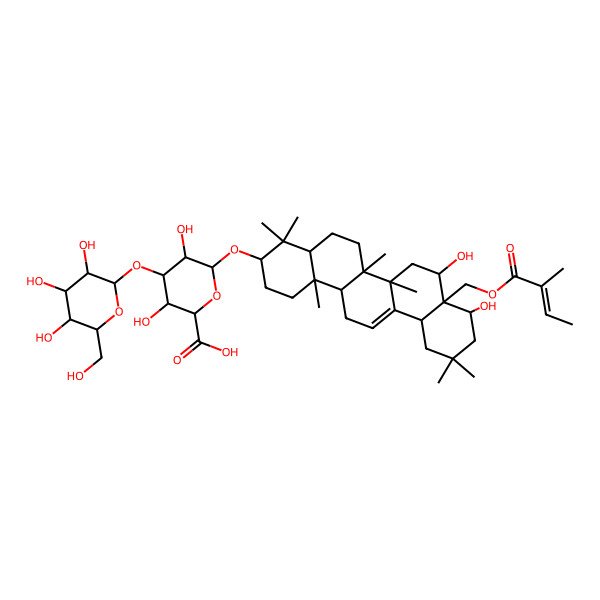 2D Structure of (2S,3S,4S,5R,6R)-6-[[(3S,4aR,6aR,6bS,8S,8aS,9S,12aS,14aR,14bR)-8,9-dihydroxy-4,4,6a,6b,11,11,14b-heptamethyl-8a-[[(E)-2-methylbut-2-enoyl]oxymethyl]-1,2,3,4a,5,6,7,8,9,10,12,12a,14,14a-tetradecahydropicen-3-yl]oxy]-3,5-dihydroxy-4-[(2S,3R,4S,5S,6R)-3,4,5-trihydroxy-6-(hydroxymethyl)oxan-2-yl]oxyoxane-2-carboxylic acid