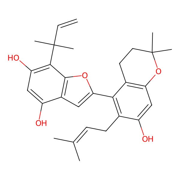 2D Structure of 2-[7-Hydroxy-2,2-dimethyl-6-(3-methylbut-2-enyl)-3,4-dihydrochromen-5-yl]-7-(2-methylbut-3-en-2-yl)-1-benzofuran-4,6-diol