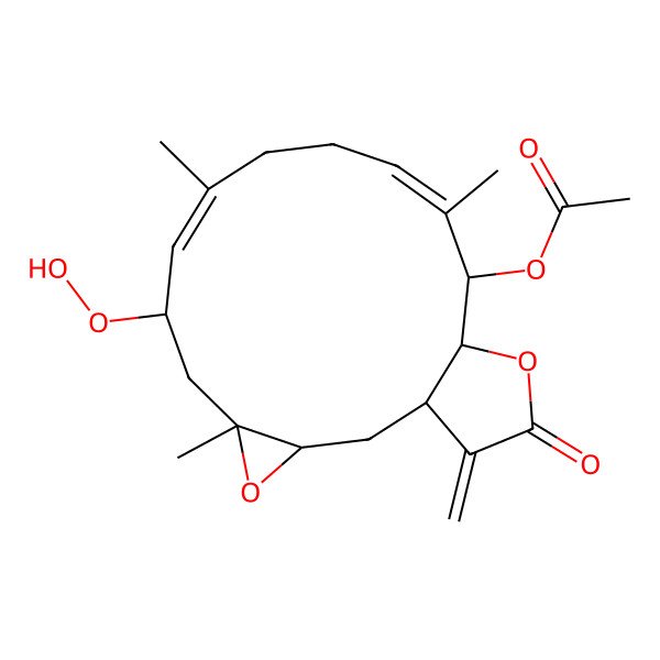 2D Structure of (7-Hydroperoxy-5,9,13-trimethyl-18-methylidene-17-oxo-4,16-dioxatricyclo[13.3.0.03,5]octadeca-8,12-dien-14-yl) acetate