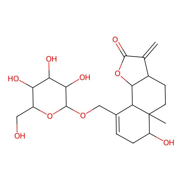2D Structure of 6-hydroxy-5a-methyl-3-methylidene-9-[[3,4,5-trihydroxy-6-(hydroxymethyl)oxan-2-yl]oxymethyl]-4,5,6,7,9a,9b-hexahydro-3aH-benzo[g][1]benzofuran-2-one