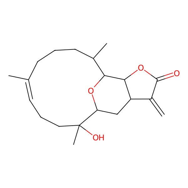 2D Structure of (1S,2R,5E,10R,11S,12R,16S)-2-hydroxy-2,6,10-trimethyl-15-methylidene-13,18-dioxatricyclo[9.6.1.012,16]octadec-5-en-14-one