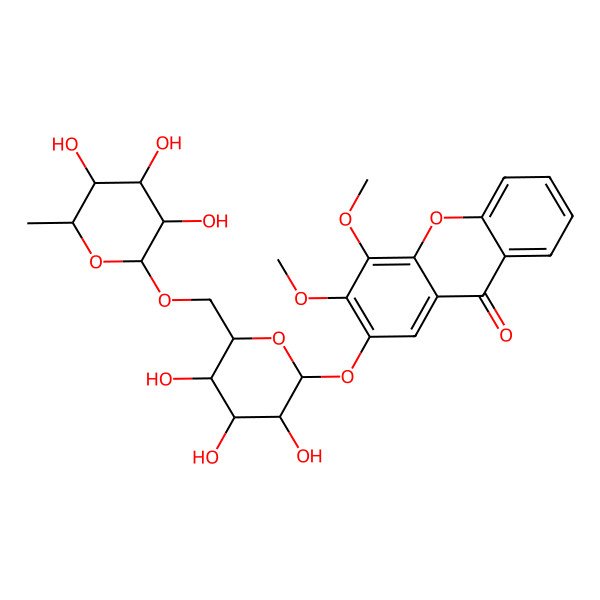 2D Structure of 3,4-dimethoxy-2-[(2S,3R,4S,5S,6R)-3,4,5-trihydroxy-6-[[(2R,3R,4R,5R,6S)-3,4,5-trihydroxy-6-methyloxan-2-yl]oxymethyl]oxan-2-yl]oxyxanthen-9-one
