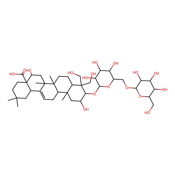 2D Structure of (4aR,5R,6aR,6aS,6bR,8aR,10R,11S,12aR,14bS)-5,11-dihydroxy-9,9-bis(hydroxymethyl)-2,2,6a,6b,12a-pentamethyl-10-[(2R,3R,4S,5S,6R)-3,4,5-trihydroxy-6-[[(2R,4S,5S,6R)-3,4,5-trihydroxy-6-(hydroxymethyl)oxan-2-yl]oxymethyl]oxan-2-yl]oxy-1,3,4,5,6,6a,7,8,8a,10,11,12,13,14b-tetradecahydropicene-4a-carboxylic acid