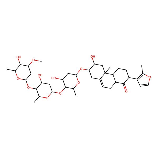 2D Structure of (2R,4aS,4bR,6R,7R,10aR)-6-hydroxy-7-[(2S,4S,5S,6R)-4-hydroxy-5-[(2S,4S,5S,6R)-4-hydroxy-5-[(2S,4R,5S,6S)-5-hydroxy-4-methoxy-6-methyloxan-2-yl]oxy-6-methyloxan-2-yl]oxy-6-methyloxan-2-yl]oxy-4b-methyl-2-(2-methylfuran-3-yl)-2,3,4,4a,5,6,7,8,10,10a-decahydrophenanthren-1-one