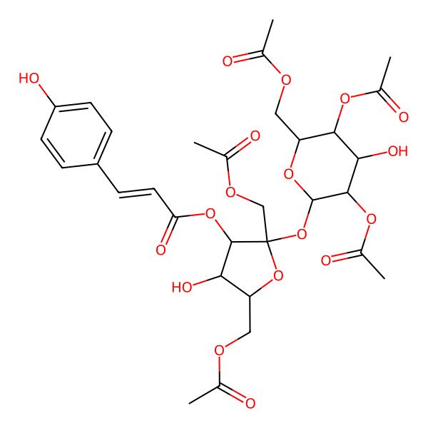 2D Structure of [(2S,3S,4R,5R)-2,5-bis(acetyloxymethyl)-2-[(2R,3R,4S,5S,6R)-3,5-diacetyloxy-6-(acetyloxymethyl)-4-hydroxyoxan-2-yl]oxy-4-hydroxyoxolan-3-yl] (E)-3-(4-hydroxyphenyl)prop-2-enoate