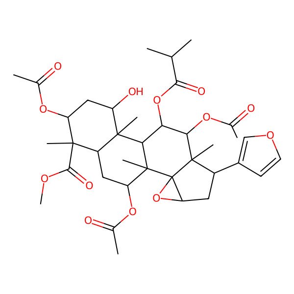 2D Structure of Methyl 8,14,18-triacetyloxy-6-(furan-3-yl)-12-hydroxy-1,7,11,15-tetramethyl-9-(2-methylpropanoyloxy)-3-oxapentacyclo[8.8.0.02,4.02,7.011,16]octadecane-15-carboxylate