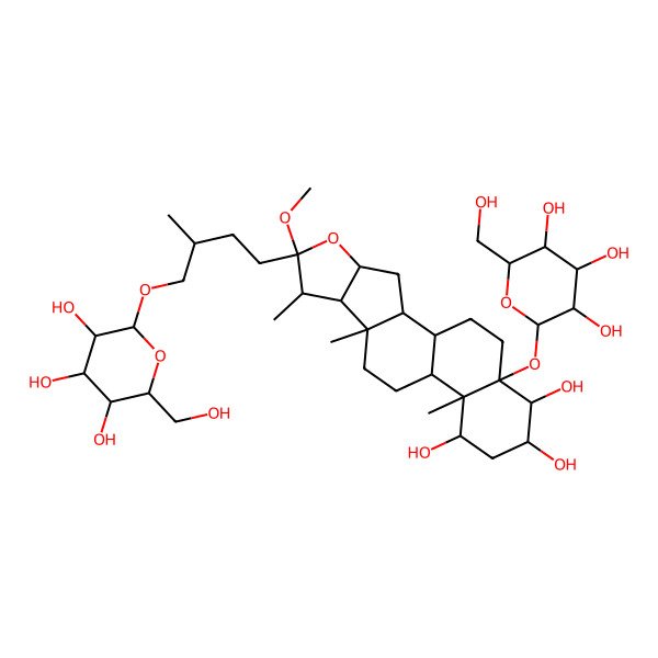 2D Structure of (1S,2S,4S,6R,7S,8R,9S,12S,13S,14R,16S,17S,18R)-6-methoxy-7,9,13-trimethyl-6-[(3S)-3-methyl-4-[(2S,3R,4S,5S,6R)-3,4,5-trihydroxy-6-(hydroxymethyl)oxan-2-yl]oxybutyl]-18-[(2S,3R,4S,5S,6R)-3,4,5-trihydroxy-6-(hydroxymethyl)oxan-2-yl]oxy-5-oxapentacyclo[10.8.0.02,9.04,8.013,18]icosane-14,16,17-triol