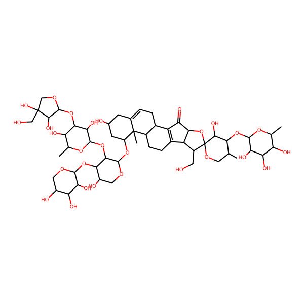 2D Structure of (1S,3'S,4R,4'S,5'S,6S,7R,8R,12R,13R,14R,16R)-14-[(2S,3R,4S,5S)-3-[(2S,3R,4R,5S,6S)-4-[(2S,3R,4R)-3,4-dihydroxy-4-(hydroxymethyl)oxolan-2-yl]oxy-3,5-dihydroxy-6-methyloxan-2-yl]oxy-5-hydroxy-4-[(2S,3R,4S,5R)-3,4,5-trihydroxyoxan-2-yl]oxyoxan-2-yl]oxy-3',16-dihydroxy-7-(hydroxymethyl)-5',13-dimethyl-4'-[(2S,3R,4R,5R,6S)-3,4,5-trihydroxy-6-methyloxan-2-yl]oxyspiro[5-oxapentacyclo[10.8.0.02,9.04,8.013,18]icosa-2(9),18-diene-6,2'-oxane]-3-one