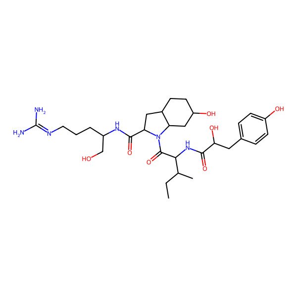 2D Structure of (2S,3aS,6R,7aS)-N-[(2S)-5-(diaminomethylideneamino)-1-hydroxypentan-2-yl]-6-hydroxy-1-[(2R,3R)-2-[[(2R)-2-hydroxy-3-(4-hydroxyphenyl)propanoyl]amino]-3-methylpentanoyl]-2,3,3a,4,5,6,7,7a-octahydroindole-2-carboxamide