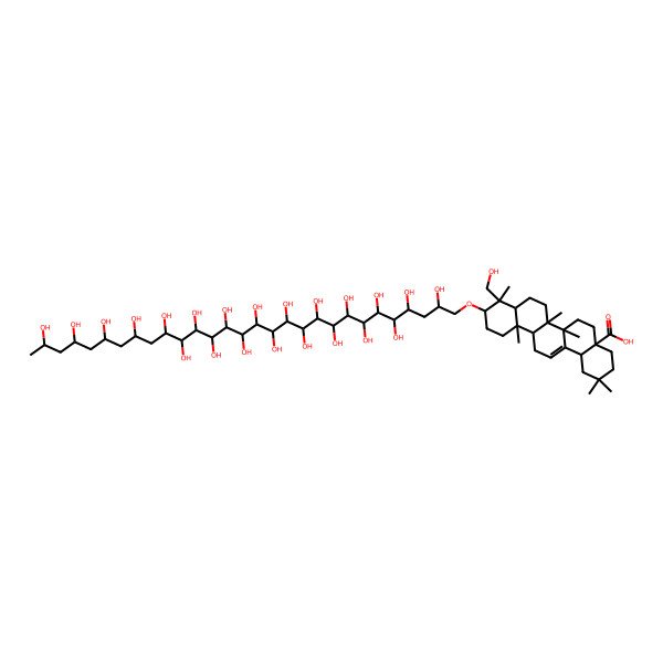 2D Structure of 10-(2,4,5,6,7,8,9,10,11,12,13,14,15,16,17,18,19,20,22,24,26,28-Docosahydroxynonacosoxy)-9-(hydroxymethyl)-2,2,6a,6b,9,12a-hexamethyl-1,3,4,5,6,6a,7,8,8a,10,11,12,13,14b-tetradecahydropicene-4a-carboxylic acid