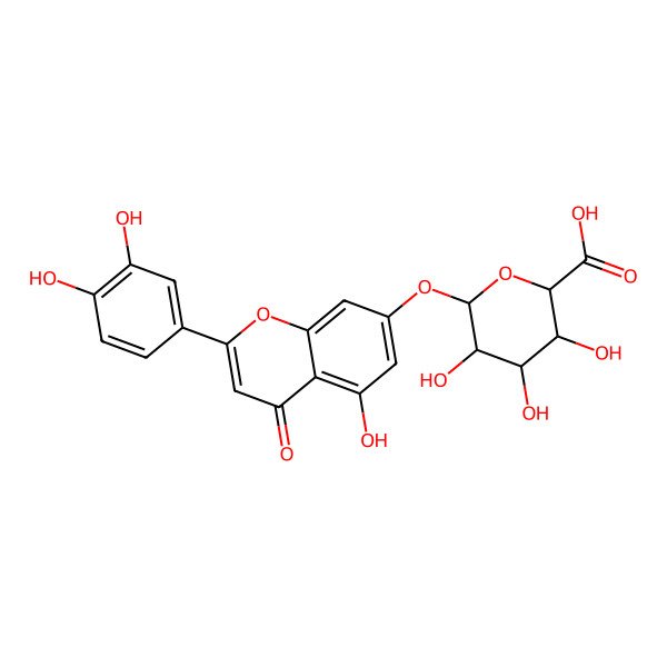 2D Structure of (2S,3S,4S,5R,6R)-6-[2-(3,4-dihydroxyphenyl)-5-hydroxy-4-oxochromen-7-yl]oxy-3,4,5-trihydroxyoxane-2-carboxylic acid