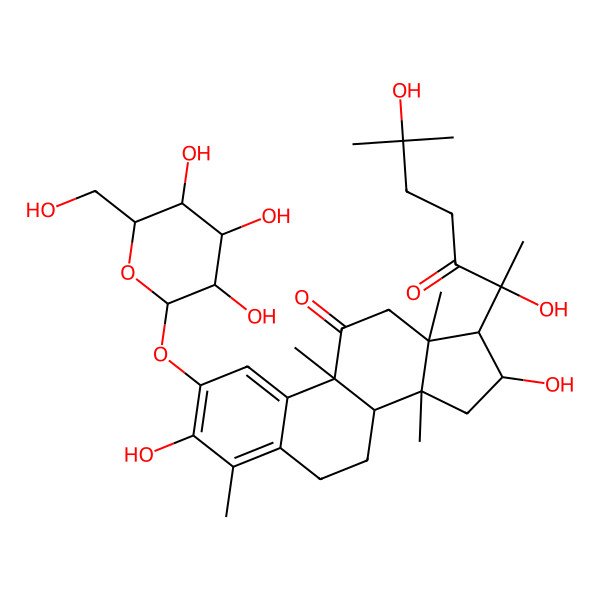 2D Structure of 17-(1,5-dihydroxy-1,5-dimethyl-2-oxo-hexyl)-3,16-dihydroxy-4,9,13,14-tetramethyl-2-[3,4,5-trihydroxy-6-(hydroxymethyl)tetrahydropyran-2-yl]oxy-7,8,12,15,16,17-hexahydro-6H-cyclopenta[a]phenanthren-11-one