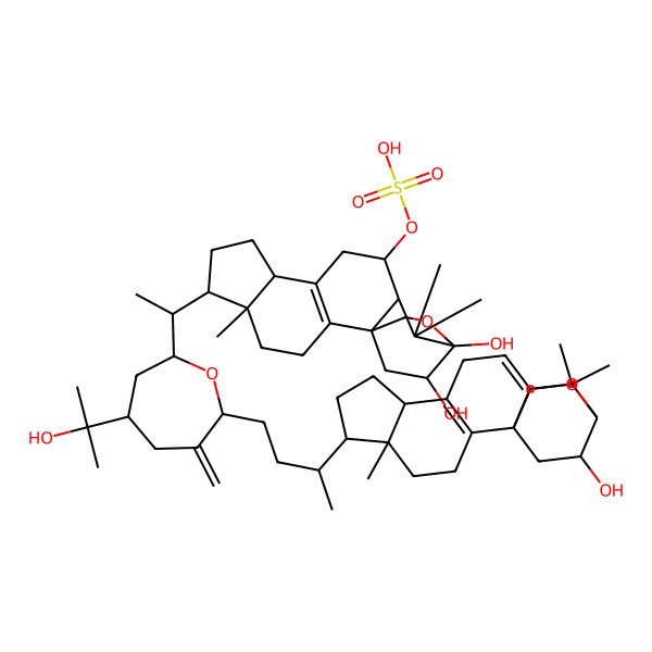 2D Structure of [(1R,5R,6R,9R,12S,15R,19S)-15,19-dihydroxy-6-[(1S)-1-[(2R,4R,7S)-4-(2-hydroxypropan-2-yl)-7-[(3R)-3-[(1S,5R,6R,9R,15R,19S)-19-hydroxy-5,14,14-trimethyl-16-oxapentacyclo[13.2.2.01,13.02,10.05,9]nonadeca-2(10),12-dien-6-yl]butyl]-6-methylideneoxepan-2-yl]ethyl]-5,14,14-trimethyl-16-oxapentacyclo[13.2.2.01,13.02,10.05,9]nonadec-2(10)-en-12-yl] hydrogen sulfate