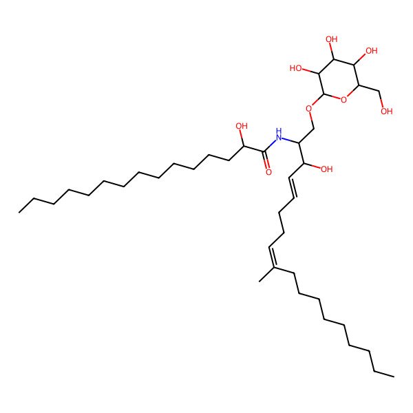 2D Structure of (2R)-2-hydroxy-N-[(2S,3R,4E,8E)-3-hydroxy-9-methyl-1-[(2R,3R,4S,5S,6R)-3,4,5-trihydroxy-6-(hydroxymethyl)oxan-2-yl]oxyoctadeca-4,8-dien-2-yl]pentadecanamide