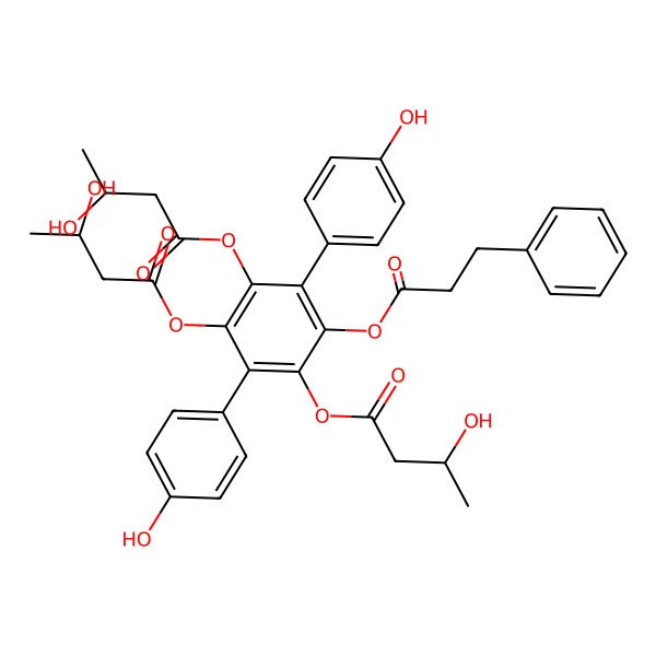 2D Structure of [3,4-Bis(3-hydroxybutanoyloxy)-2,5-bis(4-hydroxyphenyl)-6-(3-phenylpropanoyloxy)phenyl] 3-hydroxybutanoate