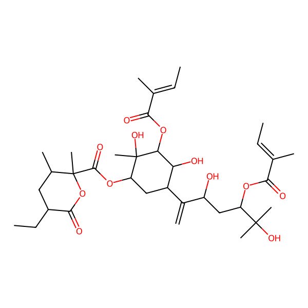 2D Structure of [5-[3,6-Dihydroxy-6-methyl-5-(2-methylbut-2-enoyloxy)hept-1-en-2-yl]-2,4-dihydroxy-2-methyl-3-(2-methylbut-2-enoyloxy)cyclohexyl] 5-ethyl-2,3-dimethyl-6-oxooxane-2-carboxylate