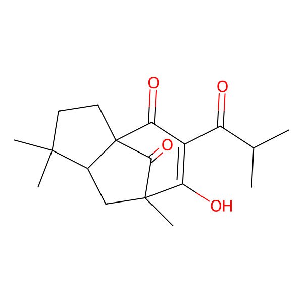 2D Structure of (1S,5S,7S)-8-hydroxy-4,4,7-trimethyl-9-(2-methylpropanoyl)tricyclo[5.3.1.01,5]undec-8-ene-10,11-dione