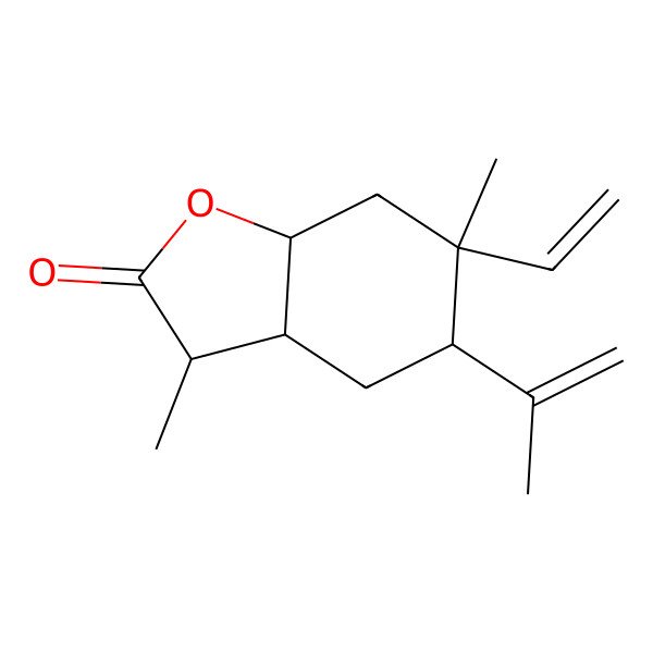 2D Structure of (3S,3aR,5S,6R,7aR)-6-ethenyl-3,6-dimethyl-5-prop-1-en-2-yl-3,3a,4,5,7,7a-hexahydro-1-benzofuran-2-one 2D Structure of (3S,3aR,5S,6R,7aR)-6-ethenyl-3,6-dimethyl-5-prop-1-en-2-yl-3,3a,4,5,7,7a-hexahydro-1-benzofuran-2-one