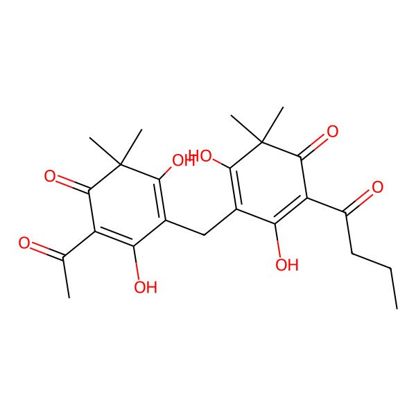 2D Structure of 2-Acetyl-4-[(5-butanoyl-2,6-dihydroxy-3,3-dimethyl-4-oxocyclohexa-1,5-dien-1-yl)methyl]-3,5-dihydroxy-6,6-dimethylcyclohexa-2,4-dien-1-one
