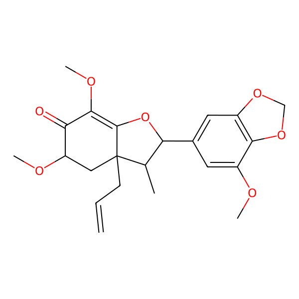 2D Structure of 5,7-Dimethoxy-2-(7-methoxy-1,3-benzodioxol-5-yl)-3-methyl-3a-prop-2-enyl-2,3,4,5-tetrahydro-1-benzofuran-6-one