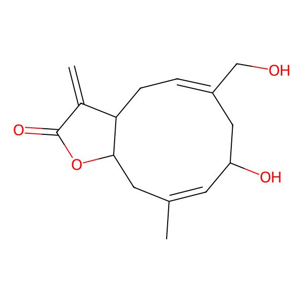 2D Structure of (3aR,5Z,8R,9E,11aS)-8-hydroxy-6-(hydroxymethyl)-10-methyl-3-methylidene-3a,4,7,8,11,11a-hexahydrocyclodeca[b]furan-2-one