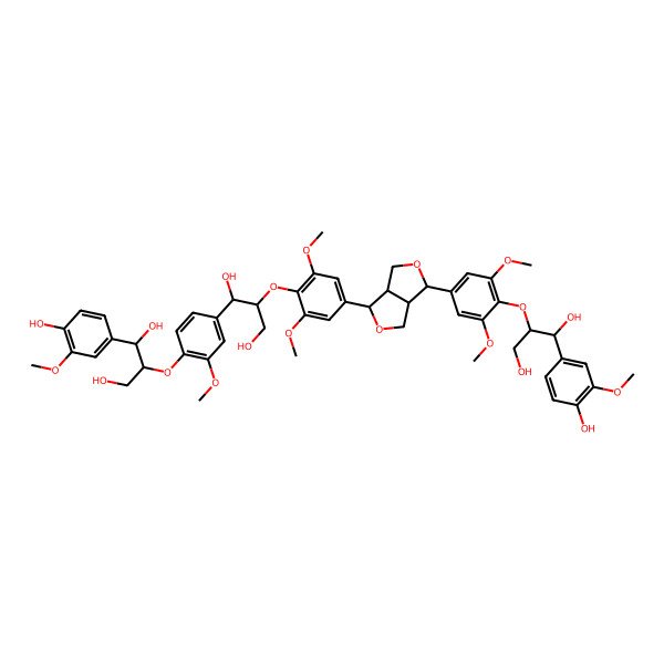 2D Structure of (1R,2S)-2-[4-[(1S,2R)-2-[4-[(3R,3aS,6R,6aS)-3-[4-[(1S,2R)-1,3-dihydroxy-1-(4-hydroxy-3-methoxyphenyl)propan-2-yl]oxy-3,5-dimethoxyphenyl]-1,3,3a,4,6,6a-hexahydrofuro[3,4-c]furan-6-yl]-2,6-dimethoxyphenoxy]-1,3-dihydroxypropyl]-2-methoxyphenoxy]-1-(4-hydroxy-3-methoxyphenyl)propane-1,3-diol