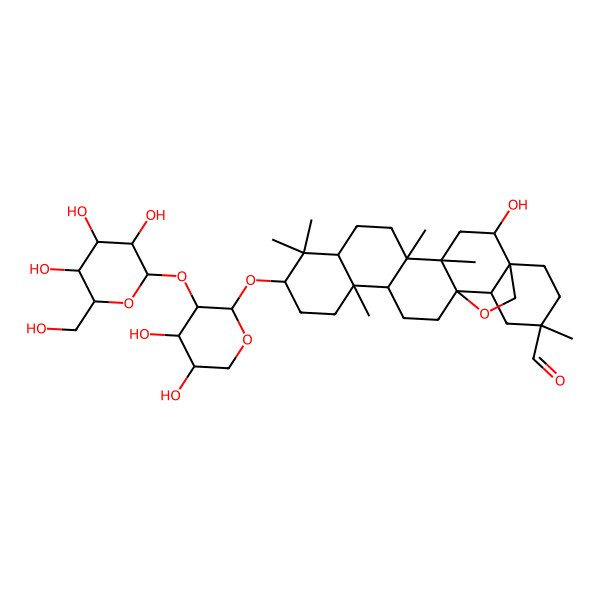 2D Structure of 10-[4,5-Dihydroxy-3-[3,4,5-trihydroxy-6-(hydroxymethyl)oxan-2-yl]oxyoxan-2-yl]oxy-2-hydroxy-4,5,9,9,13,20-hexamethyl-24-oxahexacyclo[15.5.2.01,18.04,17.05,14.08,13]tetracosane-20-carbaldehyde
