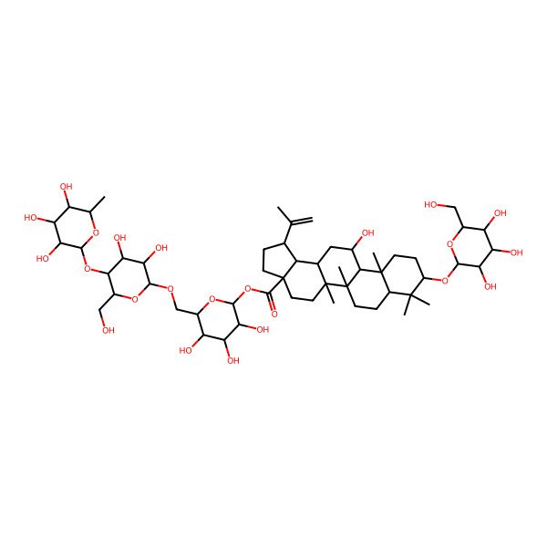 2D Structure of [(2S,3R,4S,5S,6R)-6-[[(2R,3R,4R,5S,6R)-3,4-dihydroxy-6-(hydroxymethyl)-5-[(2S,3R,4R,5R,6S)-3,4,5-trihydroxy-6-methyloxan-2-yl]oxyoxan-2-yl]oxymethyl]-3,4,5-trihydroxyoxan-2-yl] (1R,3aS,5aR,5bR,7aR,9R,11aS,11bR,12R,13aR,13bR)-12-hydroxy-5a,5b,8,8,11a-pentamethyl-1-prop-1-en-2-yl-9-[(2R,3R,4S,5S,6R)-3,4,5-trihydroxy-6-(hydroxymethyl)oxan-2-yl]oxy-1,2,3,4,5,6,7,7a,9,10,11,11b,12,13,13a,13b-hexadecahydrocyclopenta[a]chrysene-3a-carboxylate