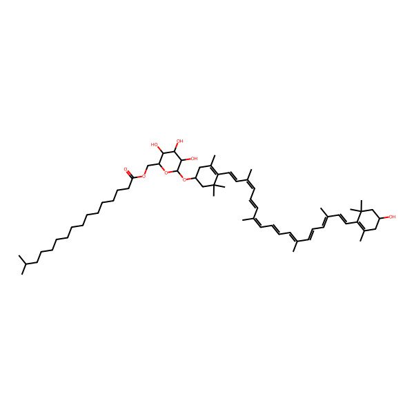 2D Structure of [3,4,5-Trihydroxy-6-[4-[18-(4-hydroxy-2,6,6-trimethylcyclohexen-1-yl)-3,7,12,16-tetramethyloctadeca-1,3,5,7,9,11,13,15,17-nonaenyl]-3,5,5-trimethylcyclohex-3-en-1-yl]oxyoxan-2-yl]methyl 15-methylhexadecanoate