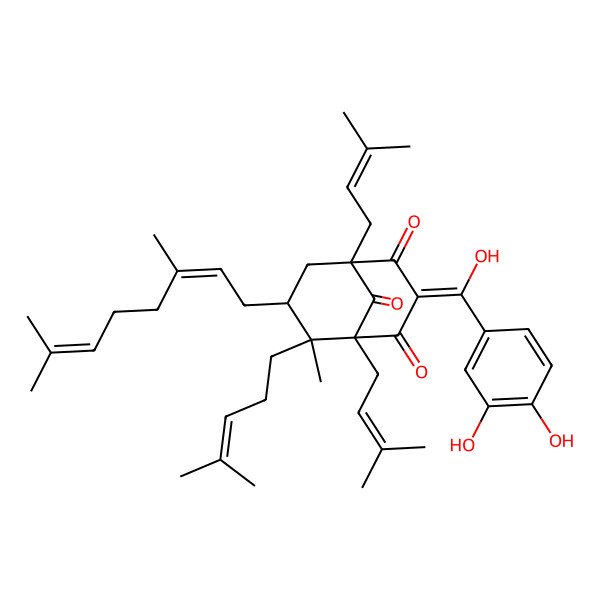 2D Structure of (1S,5S,6R,7S)-3-[(3,4-dihydroxyphenyl)-hydroxymethylidene]-7-[(2Z)-3,7-dimethylocta-2,6-dienyl]-6-methyl-1,5-bis(3-methylbut-2-enyl)-6-(4-methylpent-3-enyl)bicyclo[3.3.1]nonane-2,4,9-trione