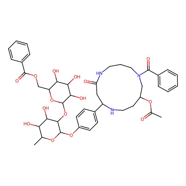2D Structure of [6-[2-[4-(11-Acetyloxy-9-benzoyl-4-oxo-1,5,9-triazacyclotridec-2-yl)phenoxy]-4,5-dihydroxy-6-methyloxan-3-yl]oxy-3,4,5-trihydroxyoxan-2-yl]methyl benzoate