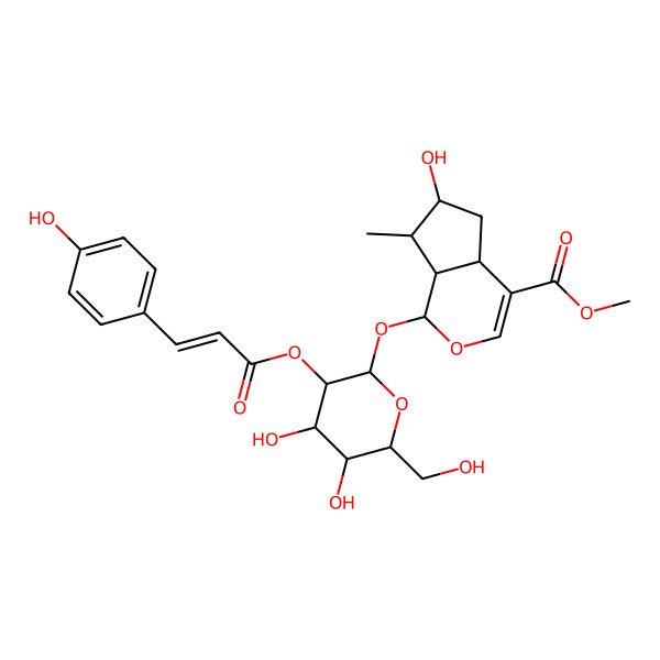 2D Structure of methyl (1S,4aS,6S,7R,7aS)-1-[(2S,3R,4S,5S,6R)-4,5-dihydroxy-6-(hydroxymethyl)-3-[(E)-3-(4-hydroxyphenyl)prop-2-enoyl]oxyoxan-2-yl]oxy-6-hydroxy-7-methyl-1,4a,5,6,7,7a-hexahydrocyclopenta[c]pyran-4-carboxylate