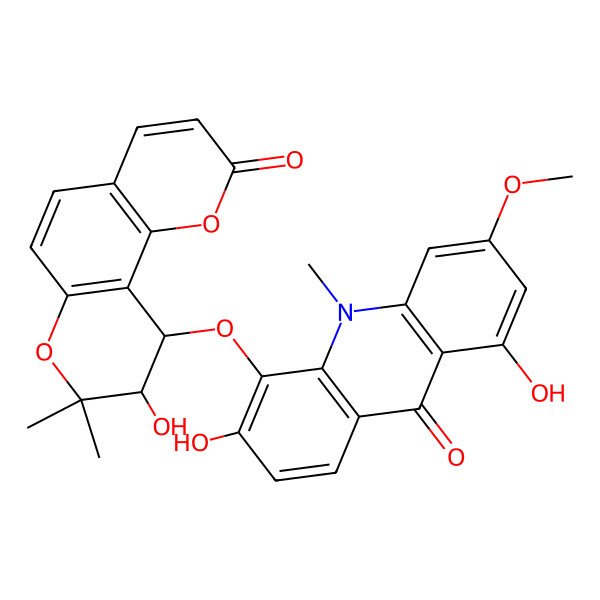 2D Structure of 9(10H)-Acridinone, 5-[(9,10-dihydro-9-hydroxy-8,8-dimethyl-2-oxo-2H,8H-benzo[1,2-b:3,4-b']dipyran-10-yl)oxy]-1,6-dihydroxy-3-methoxy-10-methyl-, cis-(+)-