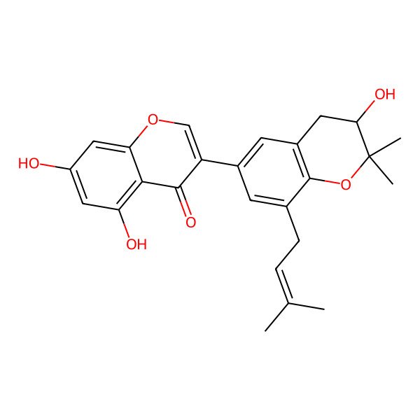 2D Structure of 5,7-dihydroxy-3-[(3R)-3-hydroxy-2,2-dimethyl-8-(3-methylbut-2-enyl)-3,4-dihydrochromen-6-yl]chromen-4-one