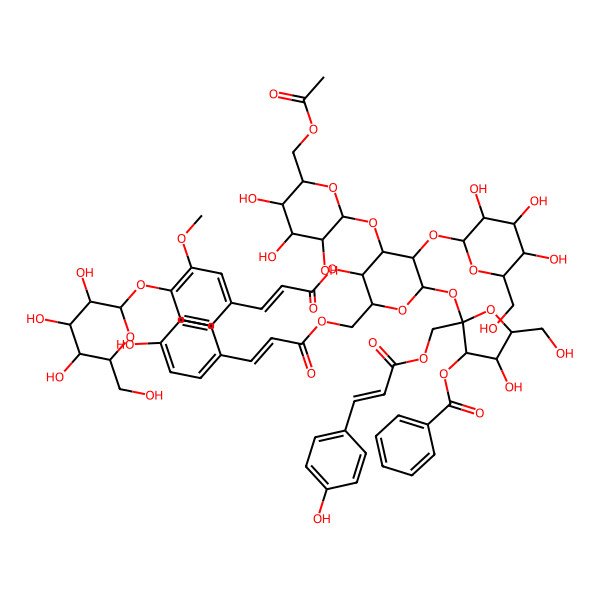 2D Structure of [2-[4-[6-(Acetyloxymethyl)-3,4,5-trihydroxyoxan-2-yl]oxy-6-[3-(4-hydroxyphenyl)prop-2-enoyloxymethyl]-5-[3-[3-methoxy-4-[3,4,5-trihydroxy-6-(hydroxymethyl)oxan-2-yl]oxyphenyl]prop-2-enoyloxy]-3-[3,4,5-trihydroxy-6-(hydroxymethyl)oxan-2-yl]oxyoxan-2-yl]oxy-4-hydroxy-5-(hydroxymethyl)-2-[3-(4-hydroxyphenyl)prop-2-enoyloxymethyl]oxolan-3-yl] benzoate