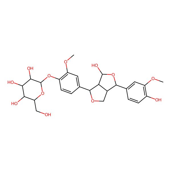 2D Structure of 2-[4-[4-Hydroxy-6-(4-hydroxy-3-methoxyphenyl)-1,3,3a,4,6,6a-hexahydrofuro[3,4-c]furan-3-yl]-2-methoxyphenoxy]-6-(hydroxymethyl)oxane-3,4,5-triol