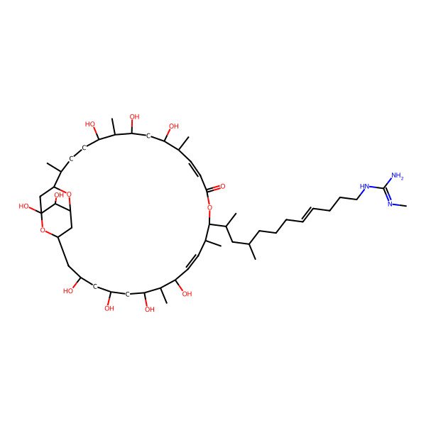 2D Structure of 2-methyl-1-[(E)-9-methyl-11-[(12Z,18E)-1,5,7,9,11,21,23,25,32-nonahydroxy-10,14,20,24,28-pentamethyl-17-oxo-2,16,30-trioxatricyclo[27.3.1.13,31]tetratriaconta-12,18-dien-15-yl]dodec-4-enyl]guanidine