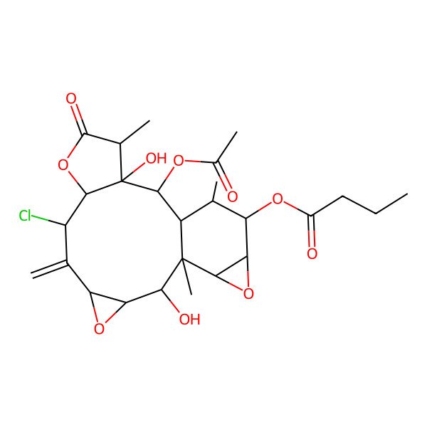 2D Structure of (13-Acetyloxy-7-chloro-2,12-dihydroxy-1,11,15-trimethyl-6-methylidene-10-oxo-4,9,18-trioxapentacyclo[12.5.0.03,5.08,12.017,19]nonadecan-16-yl) butanoate