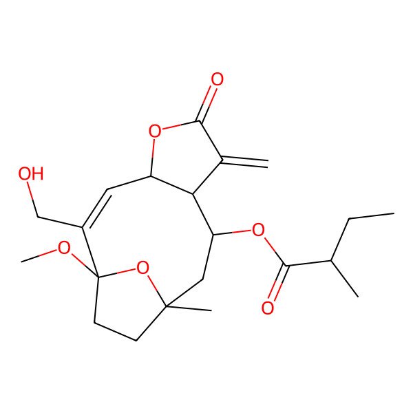2D Structure of [(1S,2Z,4R,8R,9R,11R)-2-(hydroxymethyl)-1-methoxy-11-methyl-7-methylidene-6-oxo-5,14-dioxatricyclo[9.2.1.04,8]tetradec-2-en-9-yl] (2R)-2-methylbutanoate