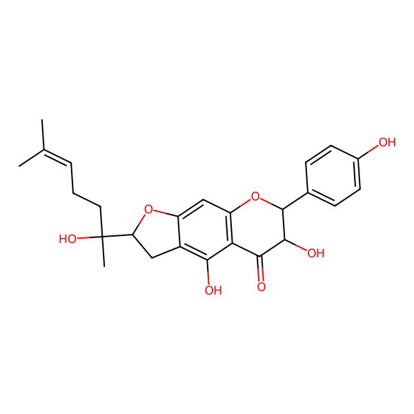 2D Structure of (2R,6R,7R)-4,6-dihydroxy-2-[(2S)-2-hydroxy-6-methylhept-5-en-2-yl]-7-(4-hydroxyphenyl)-2,3,6,7-tetrahydrofuro[3,2-g]chromen-5-one