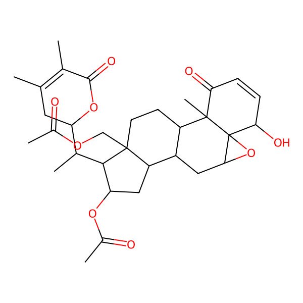 2D Structure of [14-Acetyloxy-15-[1-(4,5-dimethyl-6-oxo-2,3-dihydropyran-2-yl)ethyl]-6-hydroxy-2-methyl-3-oxo-8-oxapentacyclo[9.7.0.02,7.07,9.012,16]octadec-4-en-16-yl]methyl acetate