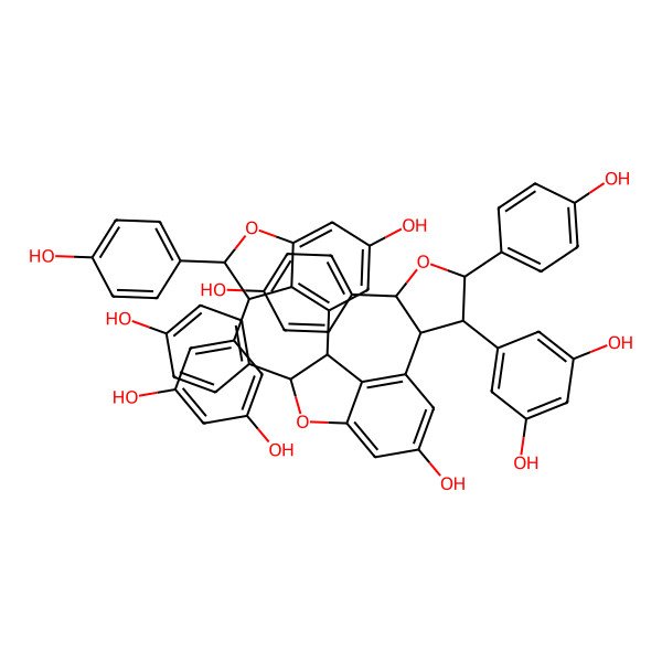 2D Structure of 5-[(2S)-4-[(2S)-3-[(2R)-3-(3,5-dihydroxyphenyl)-6-hydroxy-2-(4-hydroxyphenyl)-2,3-dihydro-1-benzofuran-4-yl]-6-hydroxy-2-(4-hydroxyphenyl)-2,3-dihydro-1-benzofuran-4-yl]-2,5-bis(4-hydroxyphenyl)oxolan-3-yl]benzene-1,3-diol