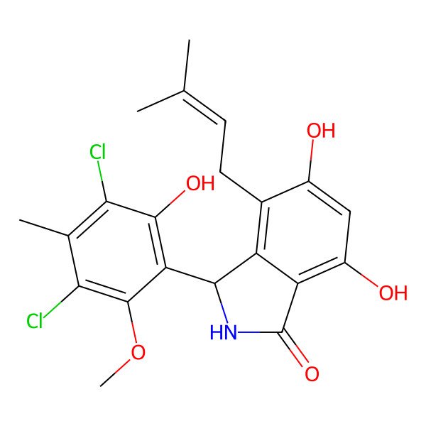 2D Structure of (3R)-3-(3,5-dichloro-2-hydroxy-6-methoxy-4-methylphenyl)-5,7-dihydroxy-4-(3-methylbut-2-enyl)-2,3-dihydroisoindol-1-one