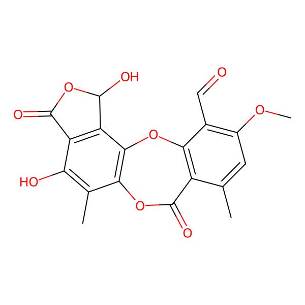 2D Structure of (17R)-13,17-dihydroxy-5-methoxy-7,12-dimethyl-9,15-dioxo-2,10,16-trioxatetracyclo[9.7.0.03,8.014,18]octadeca-1(11),3(8),4,6,12,14(18)-hexaene-4-carbaldehyde