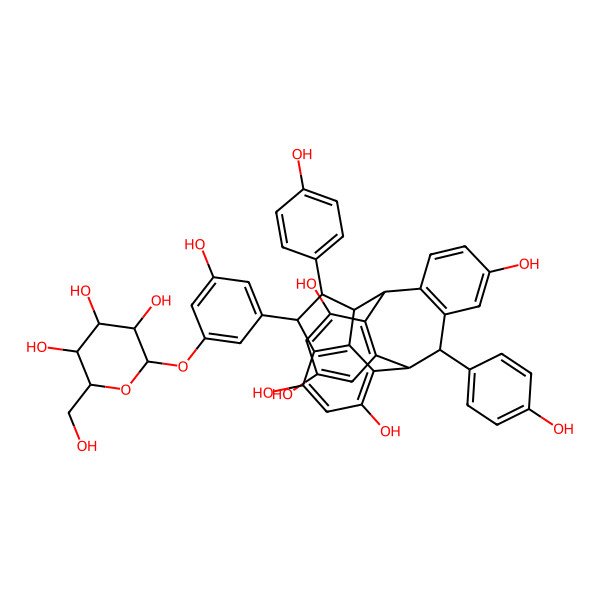 2D Structure of (1R,2R,3S,4S,10R,11R)-3,11-bis(4-hydroxyphenyl)-4-[3-hydroxy-5-[(2R,3R,4S,5R,6S)-3,4,5-trihydroxy-6-(hydroxymethyl)oxan-2-yl]oxyphenyl]hexacyclo[8.7.6.12,5.012,17.018,23.09,24]tetracosa-5(24),6,8,12(17),13,15,18(23),19,21-nonaene-6,8,14,19,21-pentol