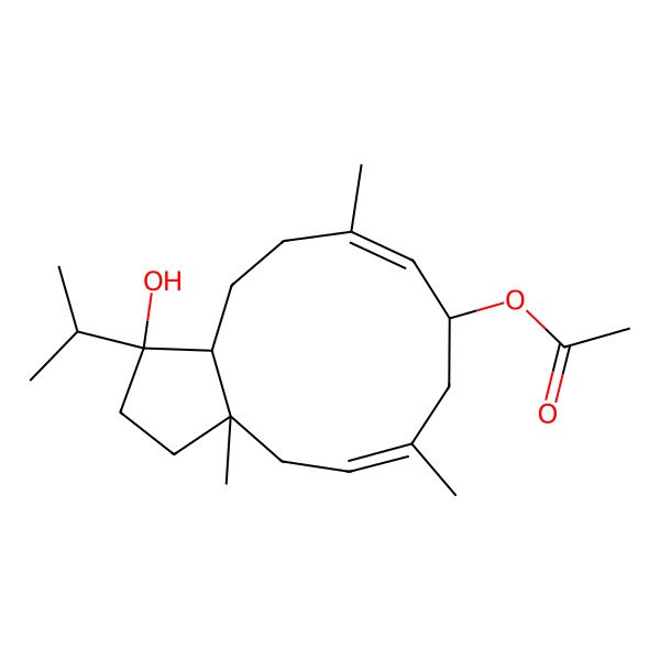 2D Structure of [(1S,3aR,5E,8S,9E,12aR)-1-hydroxy-3a,6,10-trimethyl-1-propan-2-yl-2,3,4,7,8,11,12,12a-octahydrocyclopenta[11]annulen-8-yl] acetate