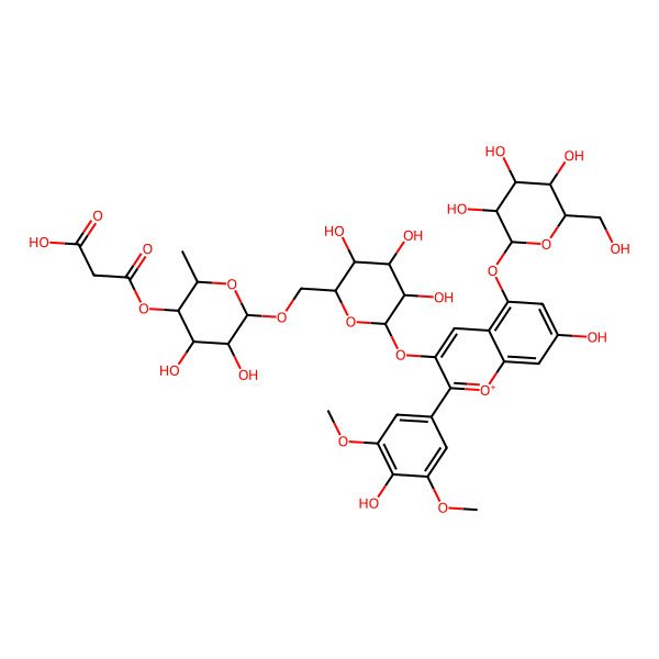 2D Structure of 3-[(2S,3R,4S,5S,6R)-4,5-dihydroxy-2-methyl-6-[[(2R,3S,4R,5R,6S)-3,4,5-trihydroxy-6-[7-hydroxy-2-(4-hydroxy-3,5-dimethoxyphenyl)-5-[(2S,3R,4S,5S,6R)-3,4,5-trihydroxy-6-(hydroxymethyl)oxan-2-yl]oxychromenylium-3-yl]oxyoxan-2-yl]methoxy]oxan-3-yl]oxy-3-oxopropanoic acid