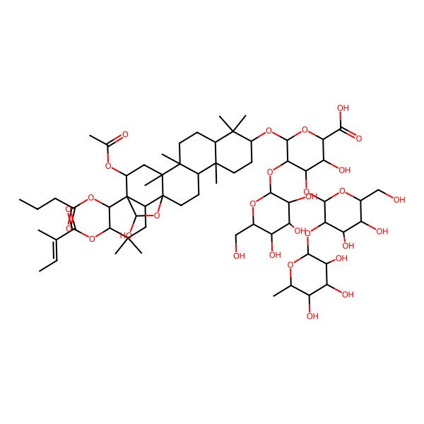 2D Structure of (2S,3S,4S,5R,6R)-6-[[(1R,2R,4S,5R,8R,10S,13R,14R,17S,18R,21R,22R,23S)-2-acetyloxy-22-butanoyloxy-23-hydroxy-4,5,9,9,13,20,20-heptamethyl-21-[(Z)-2-methylbut-2-enoyl]oxy-24-oxahexacyclo[15.5.2.01,18.04,17.05,14.08,13]tetracosan-10-yl]oxy]-4-[(2S,3R,4S,5R,6R)-4,5-dihydroxy-6-(hydroxymethyl)-3-[(2S,3R,4R,5R,6S)-3,4,5-trihydroxy-6-methyloxan-2-yl]oxyoxan-2-yl]oxy-3-hydroxy-5-[(2S,3R,4S,5R,6R)-3,4,5-trihydroxy-6-(hydroxymethyl)oxan-2-yl]oxyoxane-2-carboxylic acid